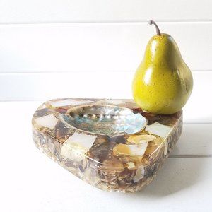 Mid Century Abalone Shell and Natural Stone Epoxy Resin  Ashtray Trinket Dish